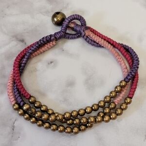 Beaded Multi Strand Cord Bracelet Pink Purple Brass Tone Bell Jewel Boho Jewelry
